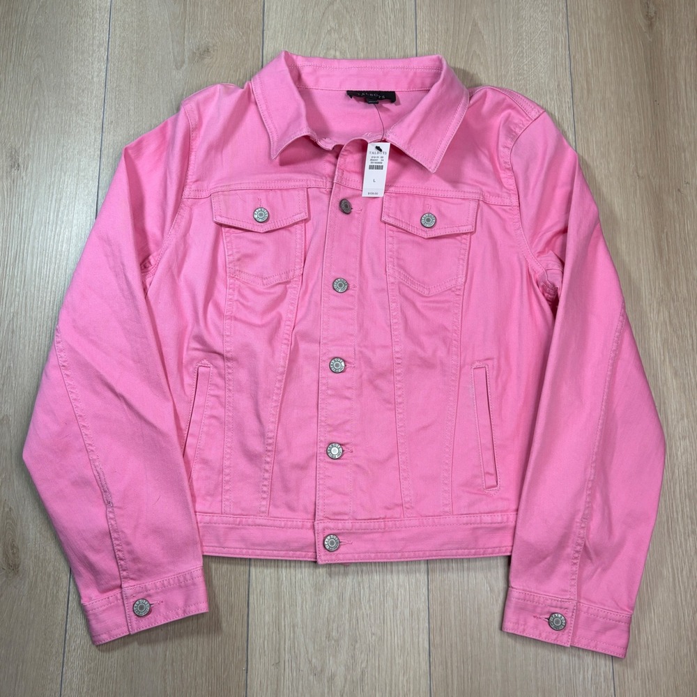 Talbots Pink Denim Jean Jacket Womens Large Button Front Cotton Blend 354241 NWT